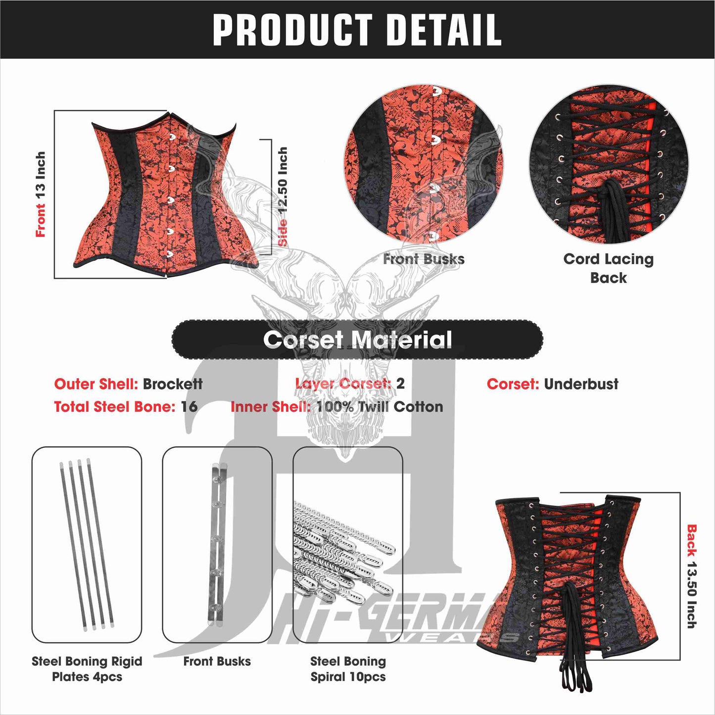 Underbust Black & Red Brocade Korsett Damen – Double Steel Boned Curvy Waist Trainer