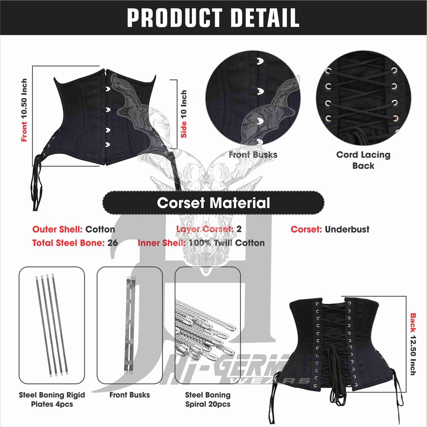 Unterbrustkorsett Damen – Black Cotton Double Steel Boned Short Torso Waist Trainer / Side Laces