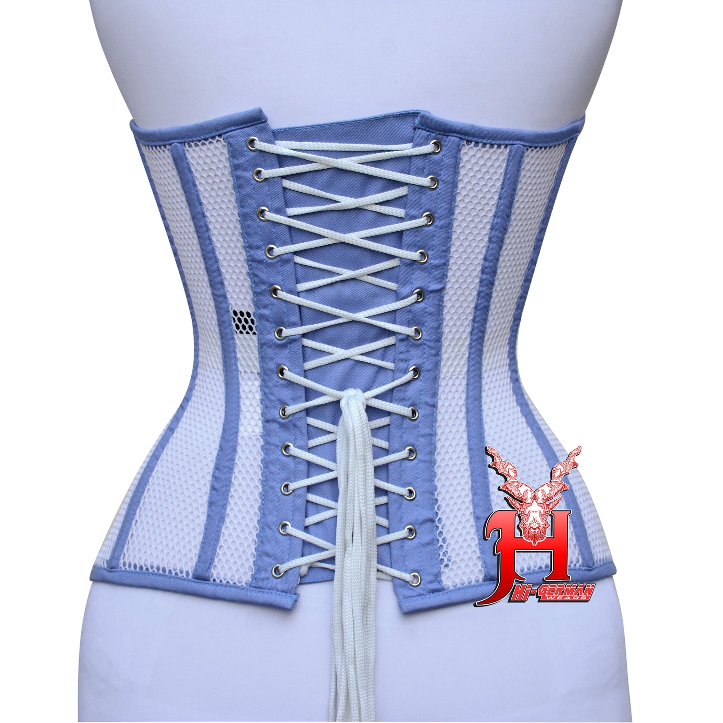 Women’s Overbust Sky Blue Cotton Mesh White Panels Steel Boned Corset Überbrust Korsett Damen