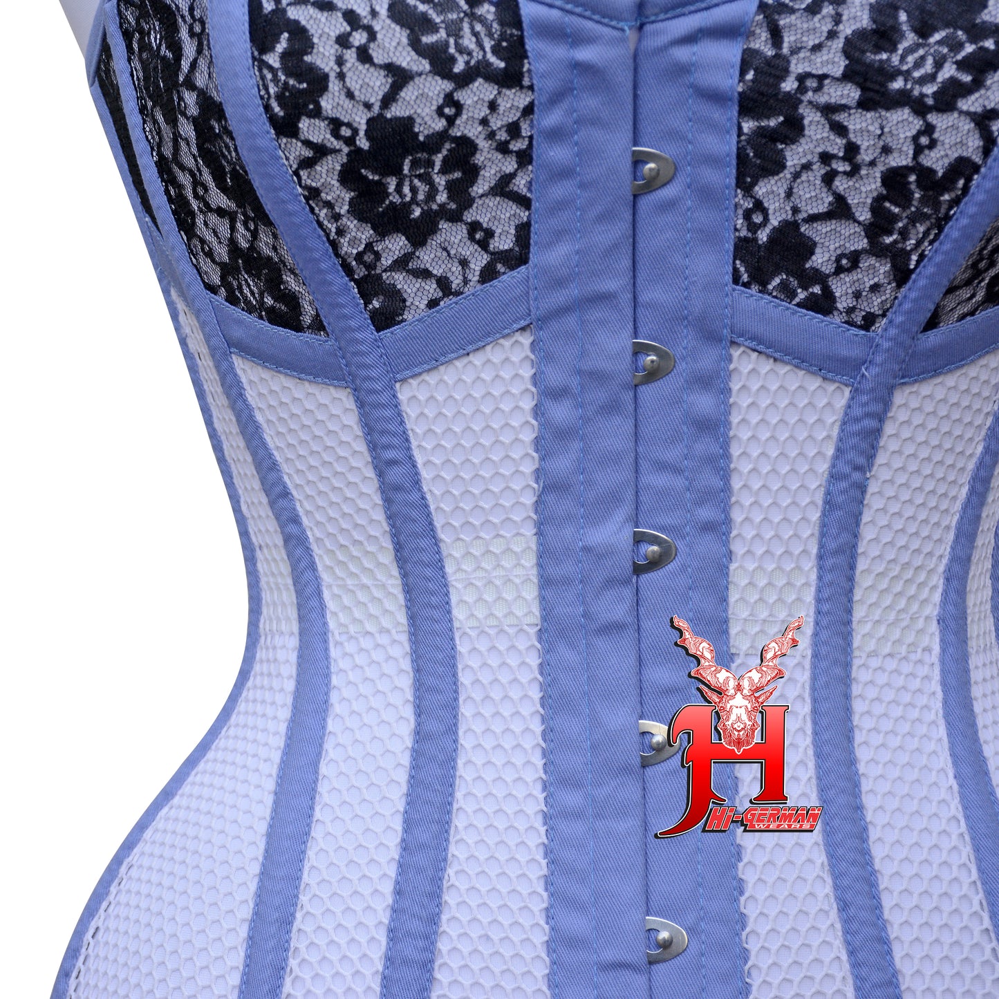 Women’s Overbust Sky Blue Cotton Mesh White Panels Steel Boned Corset Überbrust Korsett Damen