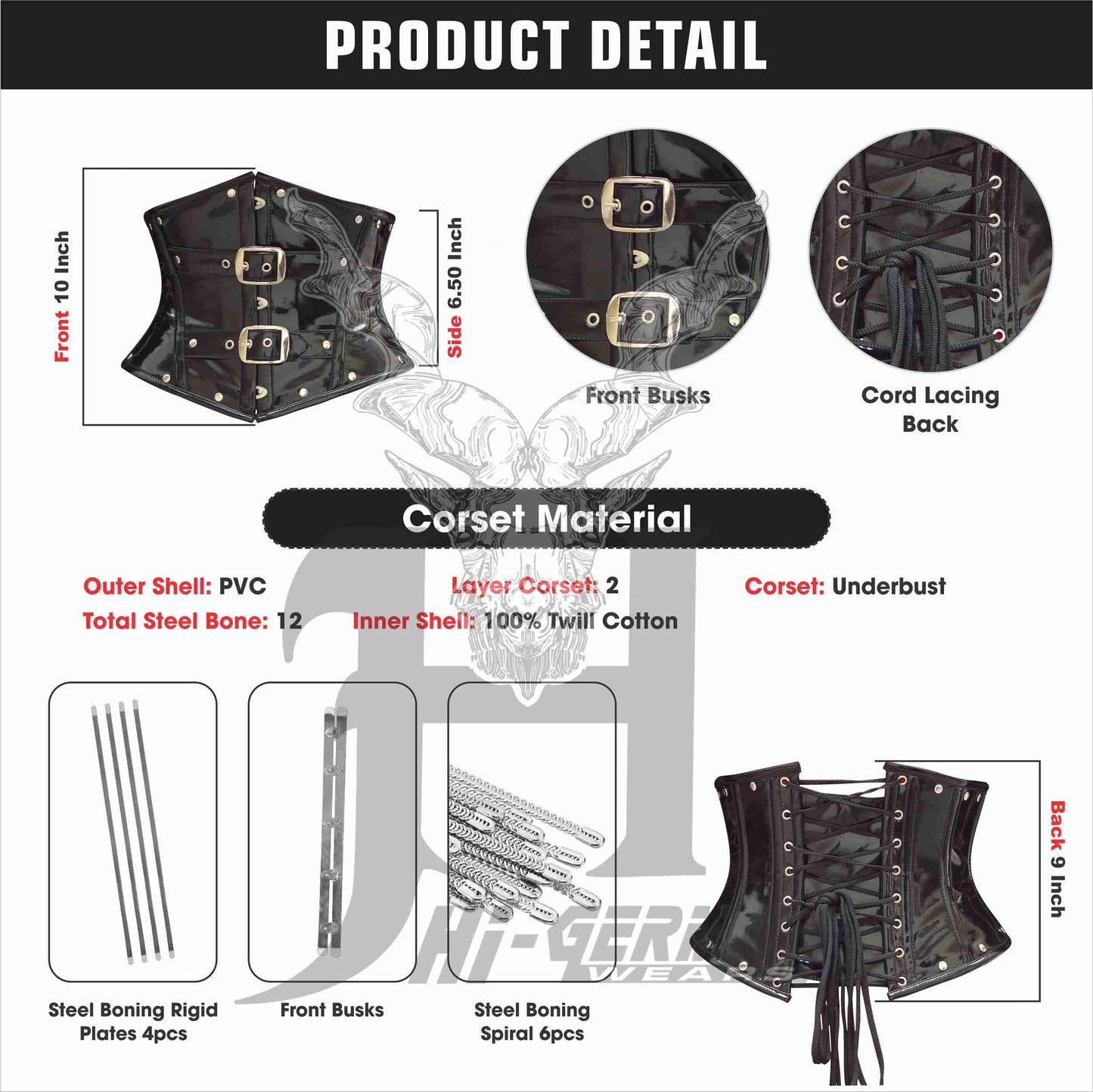 Women’s Black PVC Underbust Corset – Gothic Steampunk Waist Trainer | Unterbrust Korsett Schwarz Steampunk