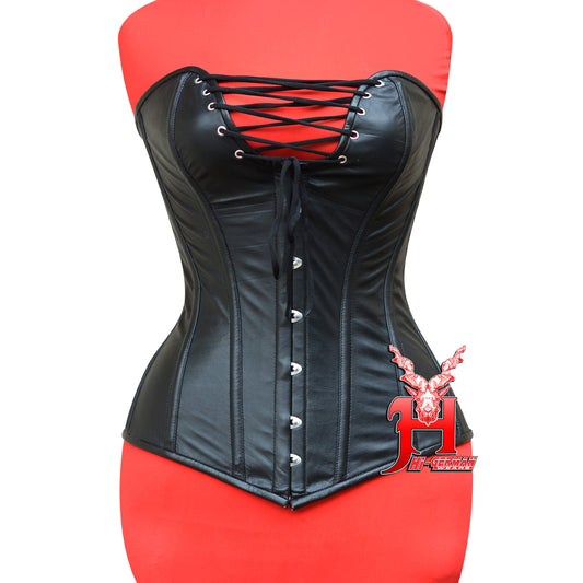 Women's Full Bust Corset Black Leather Corset Deep Heart Neckline Leather Corset top