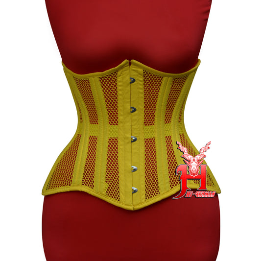 Underbust Yellow Cotton Mesh Corset for Women – Double Steel Boned Gothic Waist Trainer / Unterbrust Korsett Damen