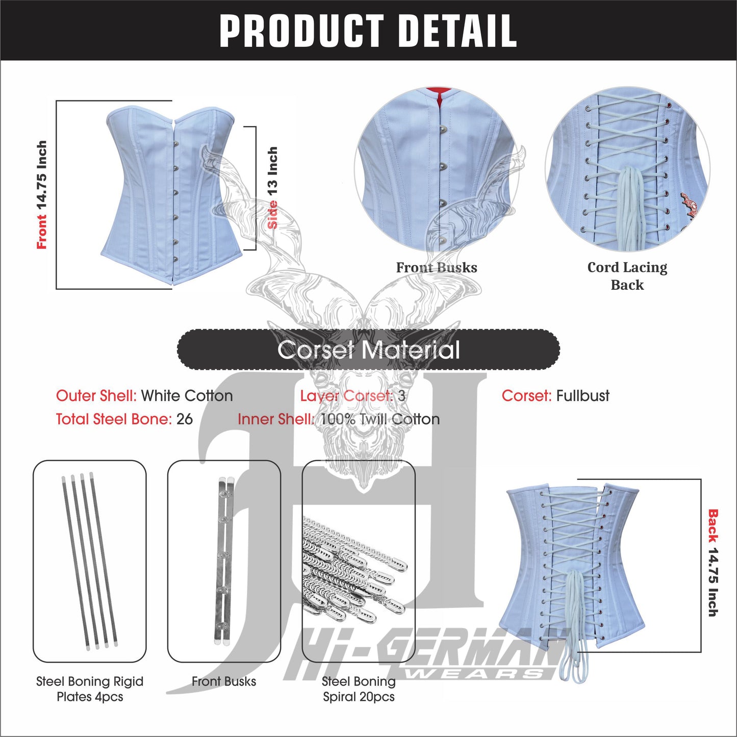 Women’s Overbust Weißes Cotton Steel Boned Hochzeits-Korsett
