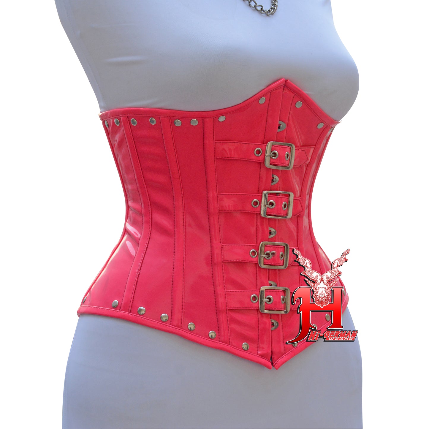 Women’s Underbust Pink PVC Steel Boned Corset with Front Buckles | Unterbrust Korsett Rosa