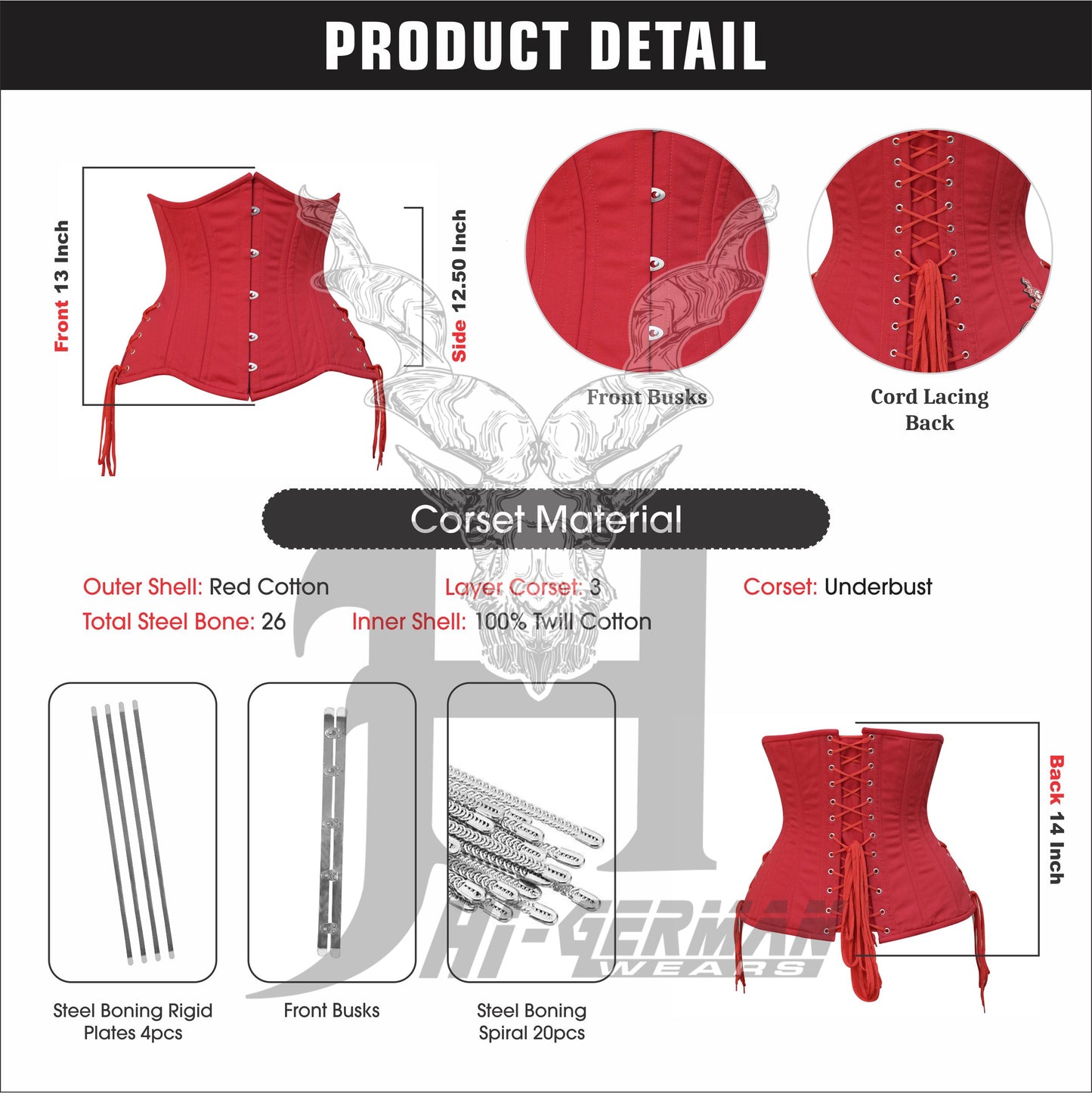 Women’s Gothic Underbust Korsett – Red Cotton Double Steel Boned mit Side Laces