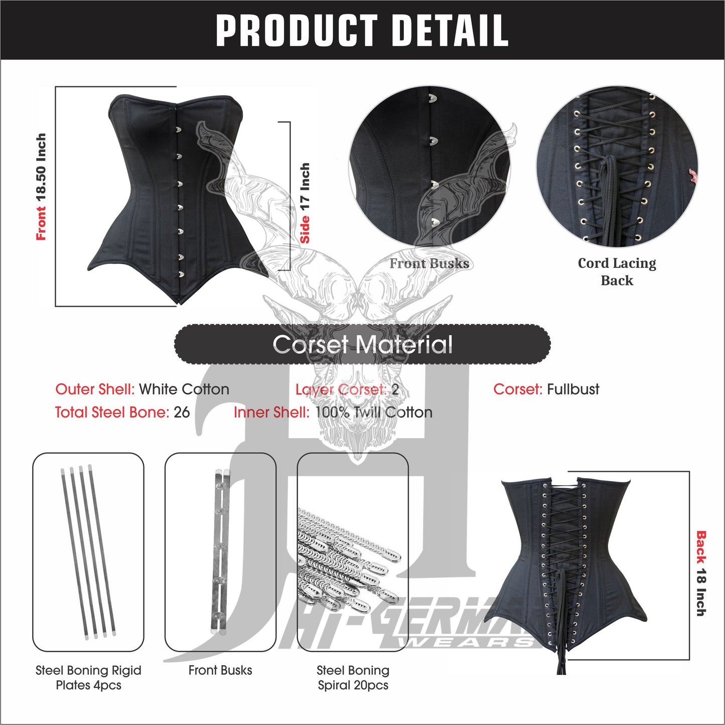 Women’s Overbust Black Cotton Corset Double Steel Boned Waist Trainer / Überbrust Korsett Damen