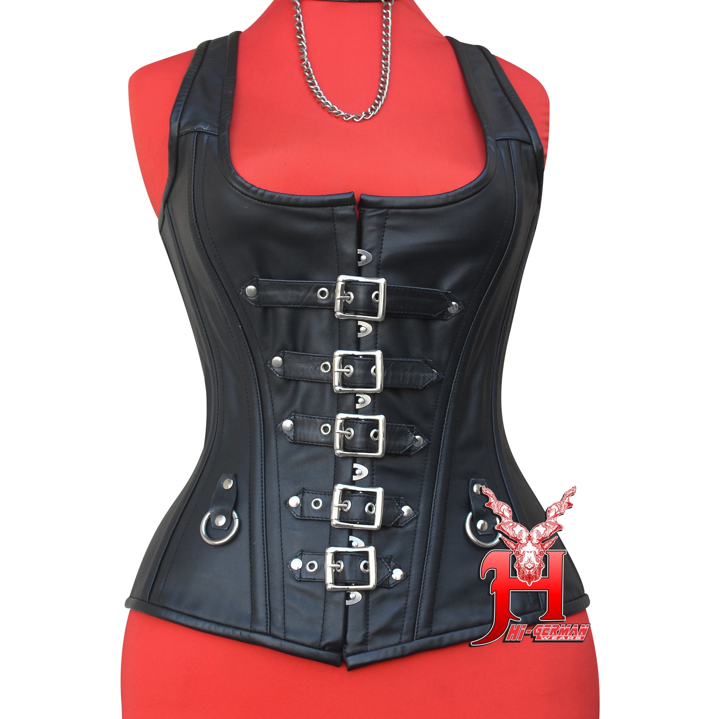 Women's Overbust Corset Black Leather Lace-Up Corset with Straps Gothic Corsets