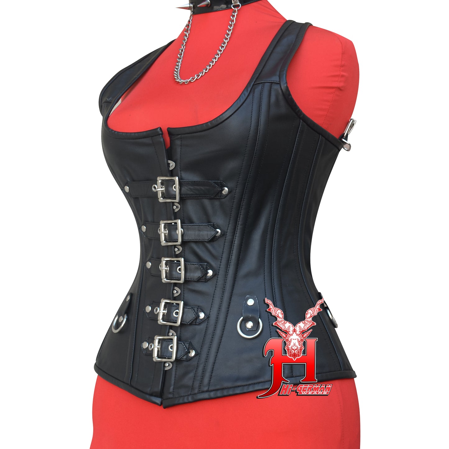 Women's Overbust Corset Black Leather Lace-Up Corset with Straps Gothic Corsets