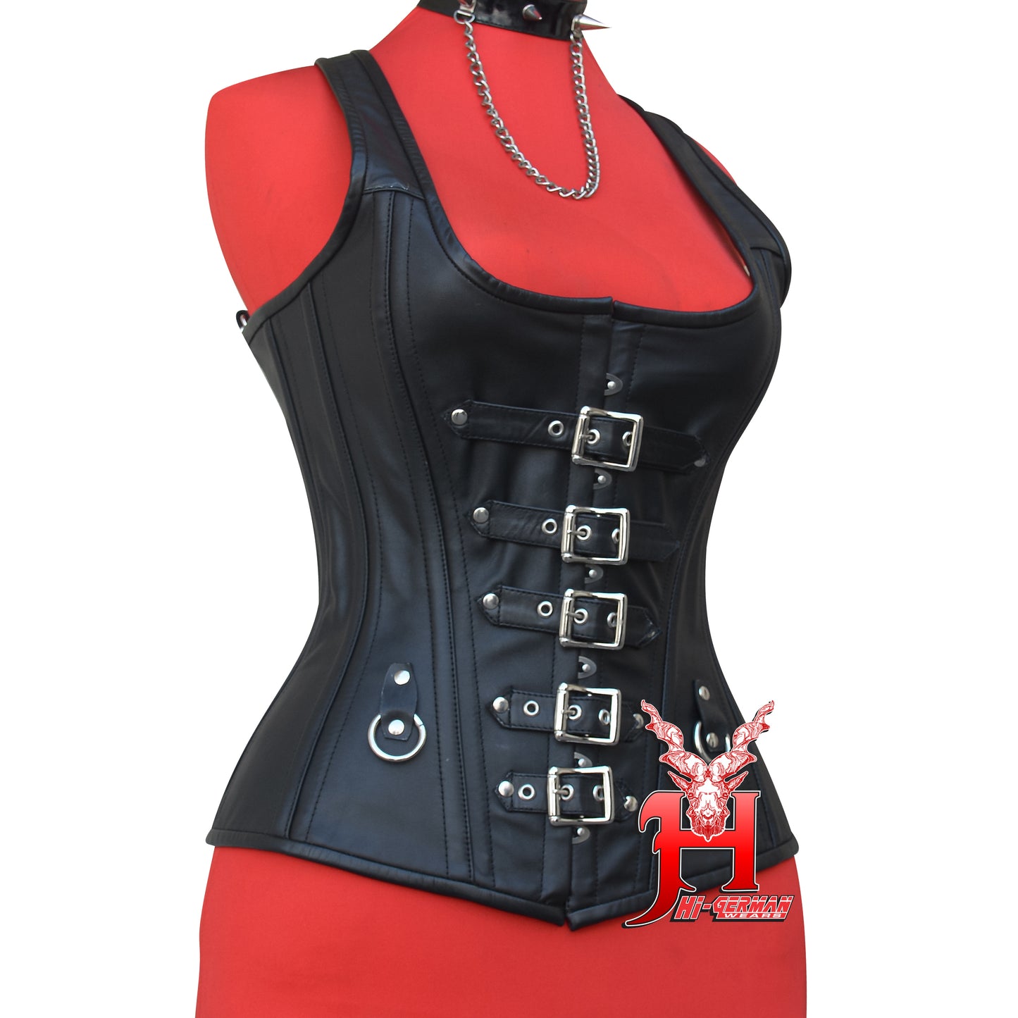 Women's Overbust Corset Black Leather Lace-Up Corset with Straps Gothic Corsets