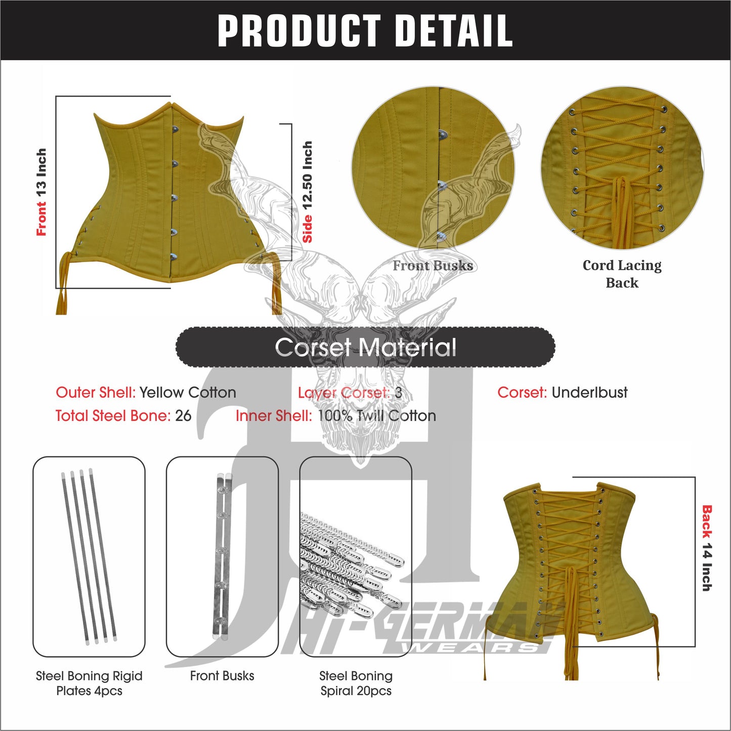 Women’s Gothic Underbust Corset – Yellow Cotton Double Steel Boned with Side Laces