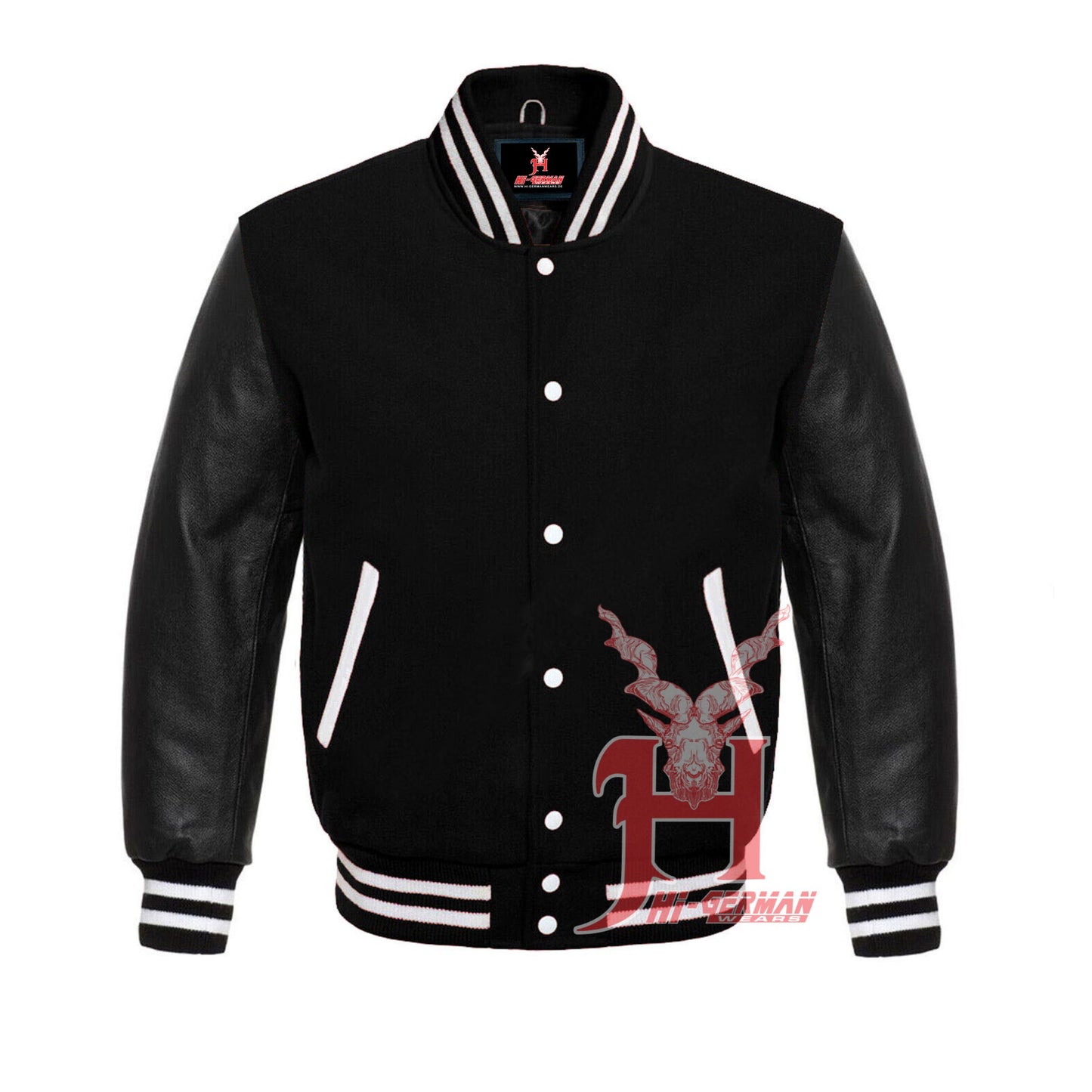 Varsity Letterman Baseball in Black Wool and Genuine Black Leather Sleeves Jacket Varsity Men's Women's Kid's Letterman jackets Hi-202