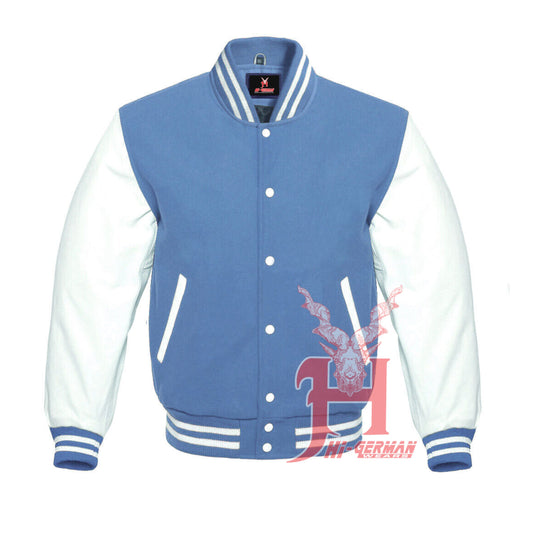 Varsity Letterman Baseball Sky Blue Wool Genuine White Leather Sleeves Jacket Varsity Men's Women's Kid's Letterman collage jackets Hi-213