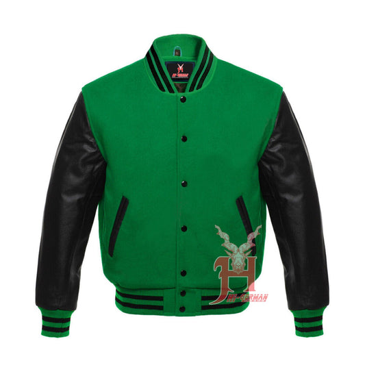 Varsity Letterman Baseball Forest Green Wool Genuine Black Leather Sleeves Jacket XS ~7XL Varsity Men's Women's Kid's Letterman jackets Hi-205