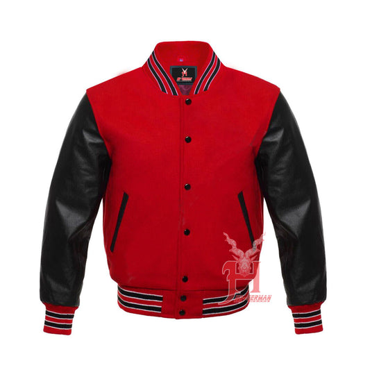 Varsity Letterman Baseball Red Wool Genuine Black Leather Sleeves Jacket XS ~7XL Varsity Men's Women's Kid's Letterman collage jackets Hi-239