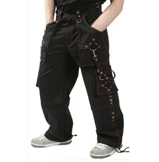 handmade men black cotton Red stitch Electro gothic cyber chain goth Trousers