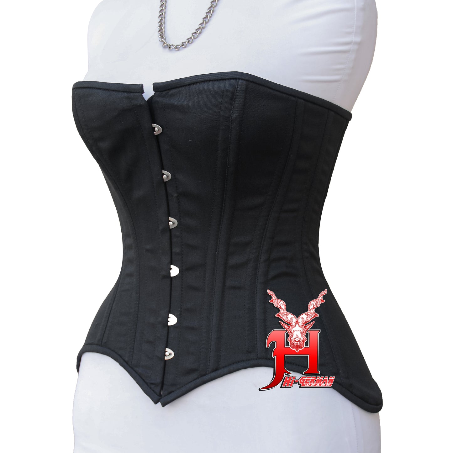 Women’s Overbust Black Cotton Corset Double Steel Boned Waist Trainer / Überbrust Korsett Damen