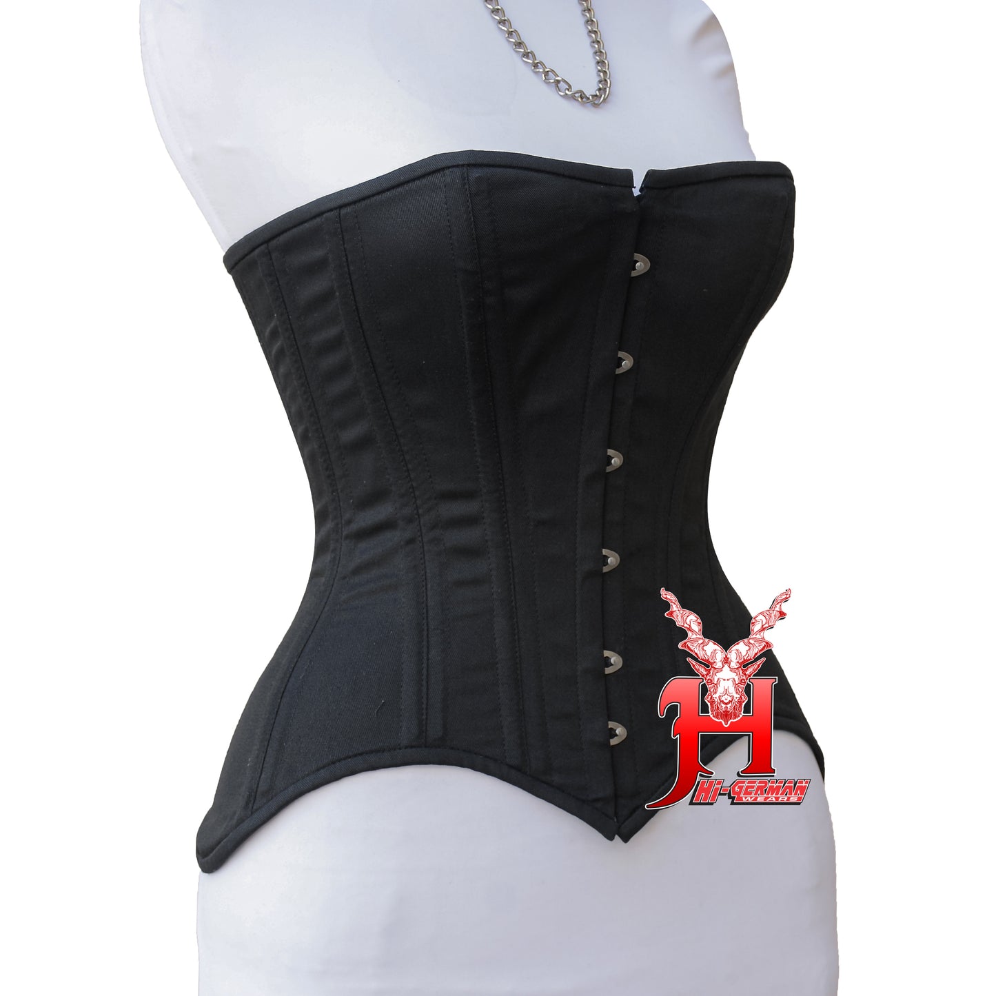 Women’s Overbust Black Cotton Corset Double Steel Boned Waist Trainer / Überbrust Korsett Damen