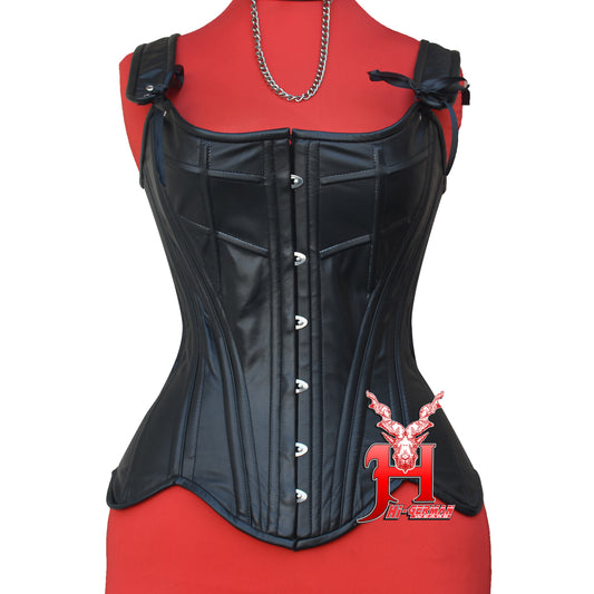 Women's Vollbrustkorsett Schwarz Leder Schnürkorsett mit Träger Gothic Corset Top