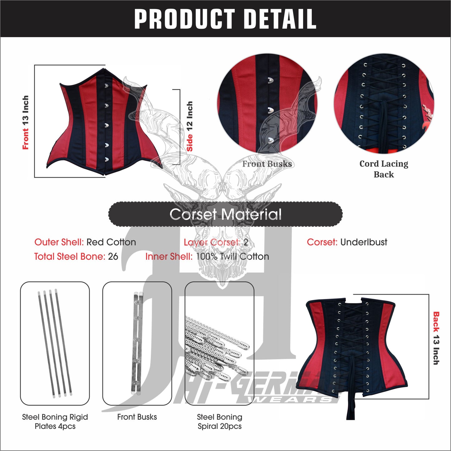 Unterbrustkorsett Damen – Red & Black Cotton Underbust Corset / Corsage