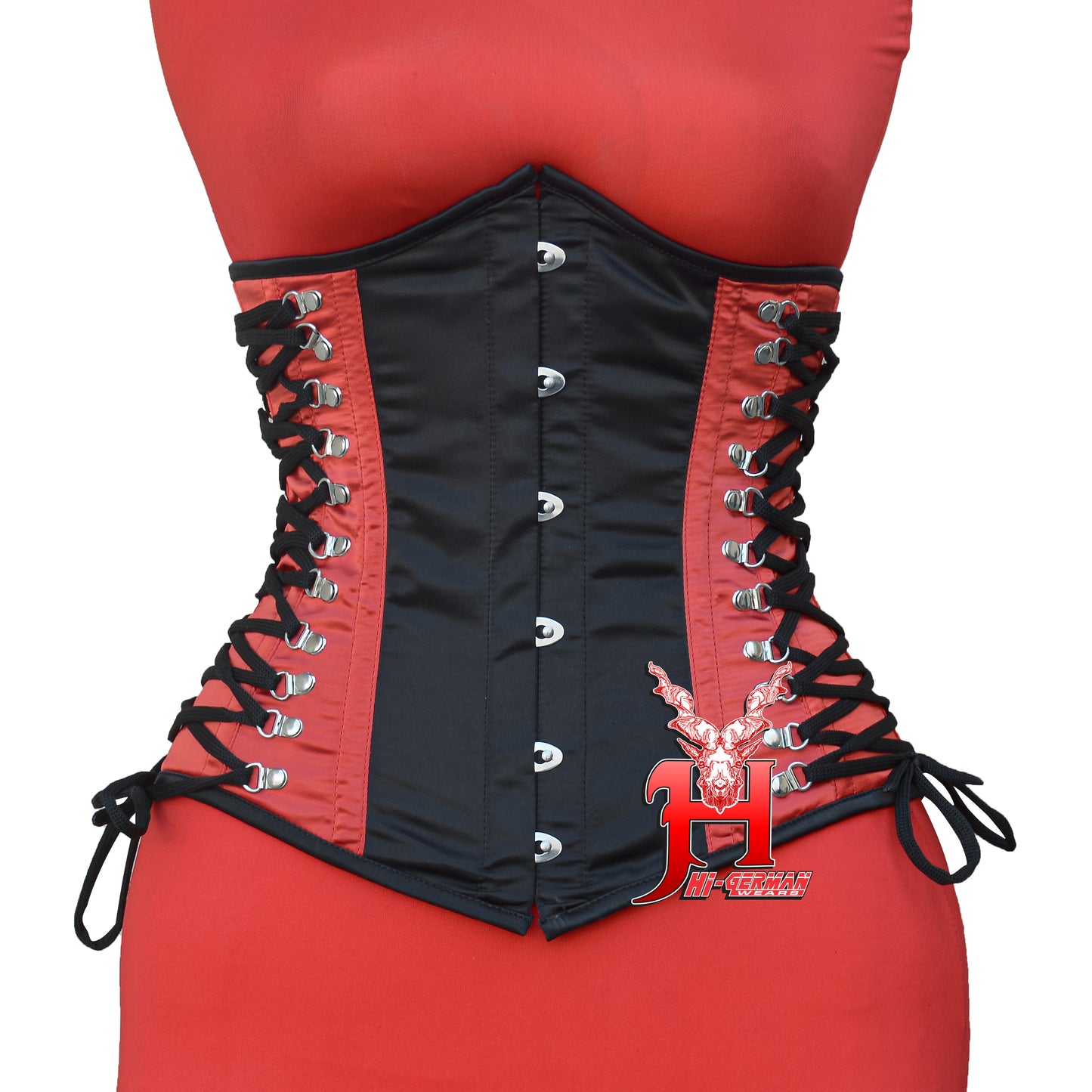 Women’s Underbust Black & Red Satin Corset – Stahl Unterbrust Korsett Seitenschnürung Waist Trainer