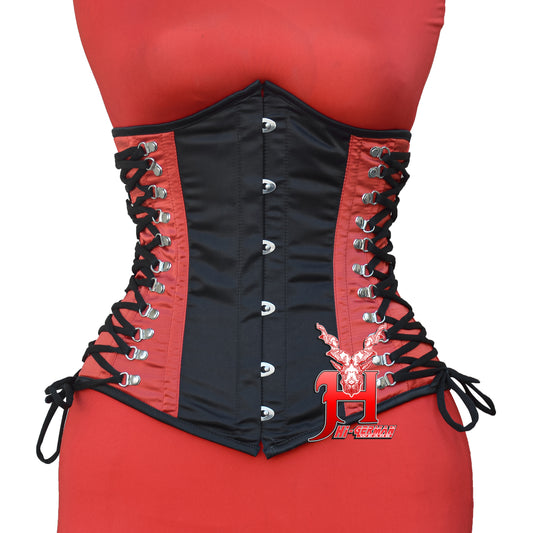 Women’s Underbust Black & Red Satin Corset – Stahl Unterbrust Korsett Seitenschnürung Waist Trainer