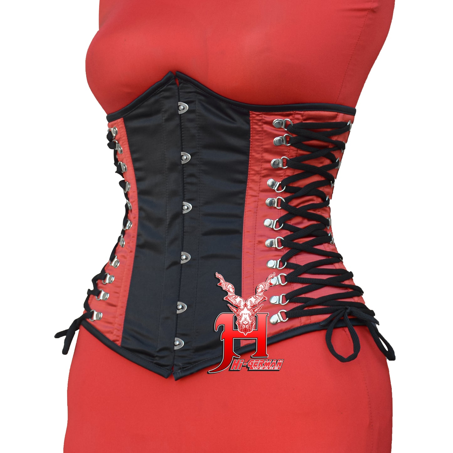 Women’s Underbust Black & Red Satin Corset – Stahl Unterbrust Korsett Seitenschnürung Waist Trainer