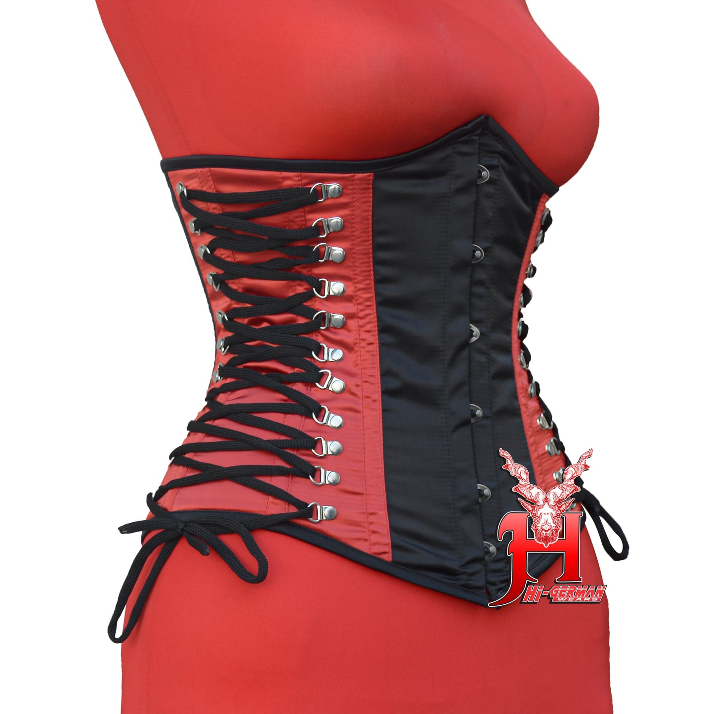 Women’s Underbust Black & Red Satin Corset – Stahl Unterbrust Korsett Seitenschnürung Waist Trainer