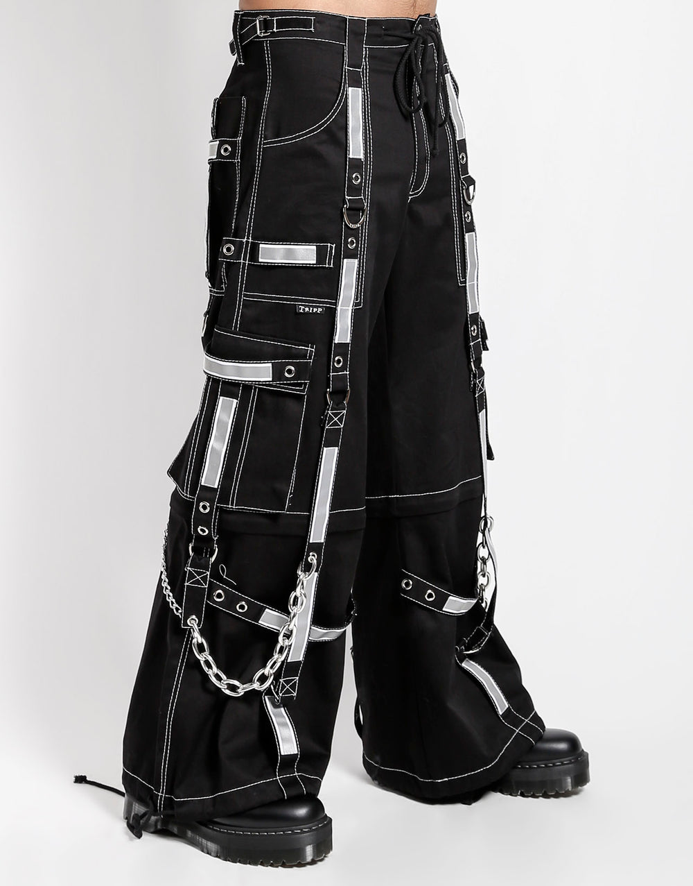 Men's Gothic Threads Reflective Pant Black Punk Buckle Zips Chain Strap Trousers