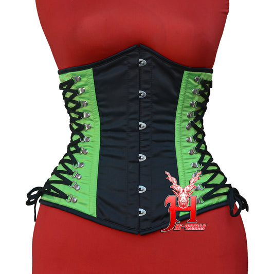 Women’s Underbust Black & Green Satin Corset – Stahl Unterbrust Korsett Seitenschnürung Waist Trainer