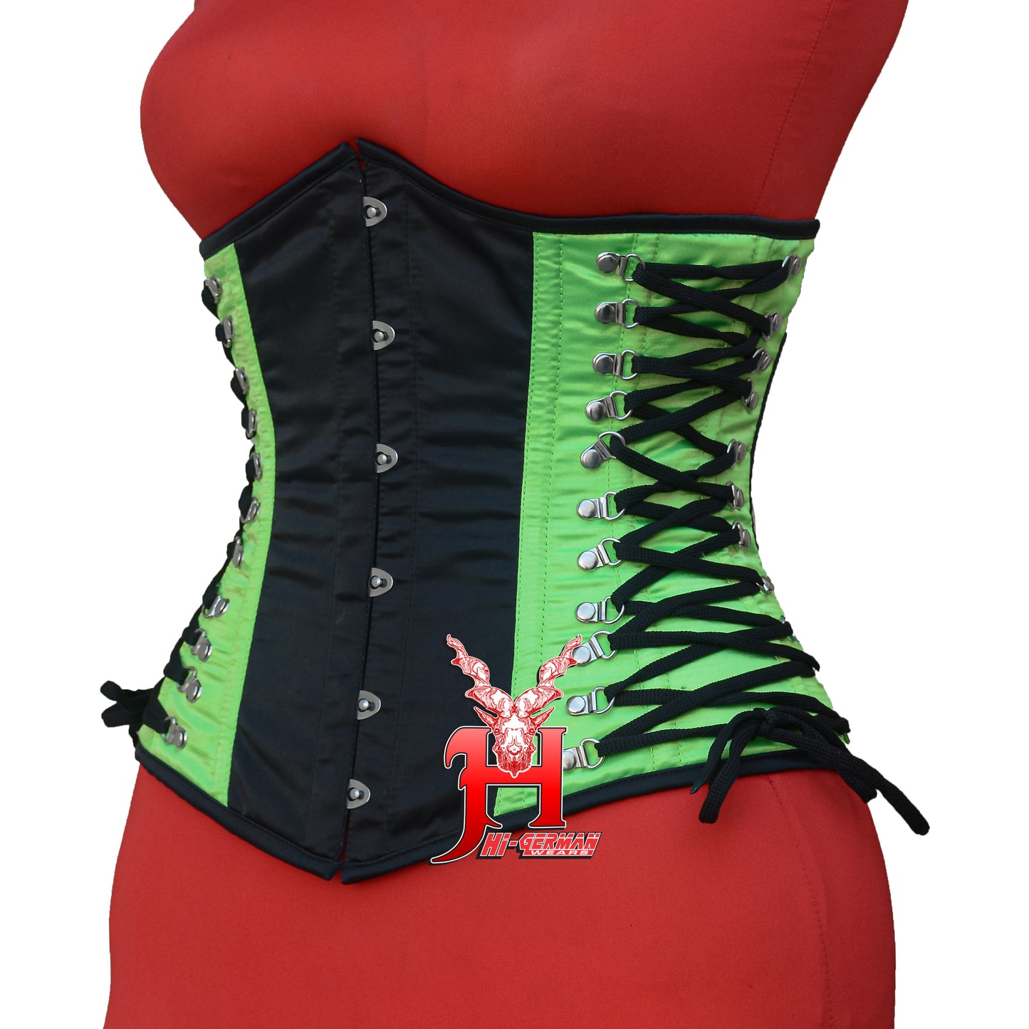Women’s Underbust Black & Green Satin Corset – Stahl Unterbrust Korsett Seitenschnürung Waist Trainer