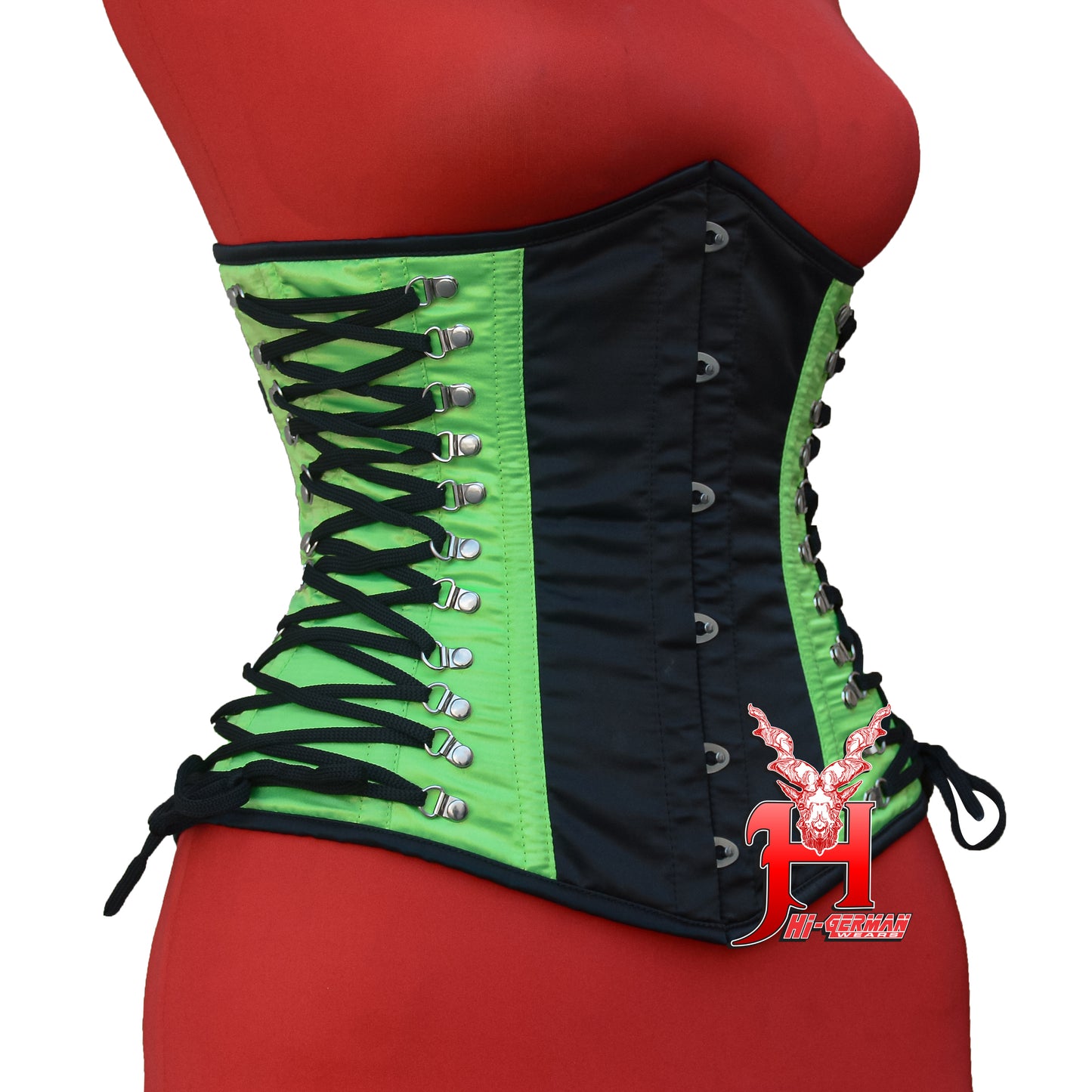 Women’s Underbust Black & Green Satin Corset – Stahl Unterbrust Korsett Seitenschnürung Waist Trainer