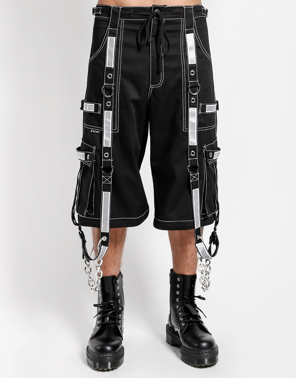 Men's Gothic Threads Reflective Pant Black Punk Buckle Zips Chain Strap Trousers