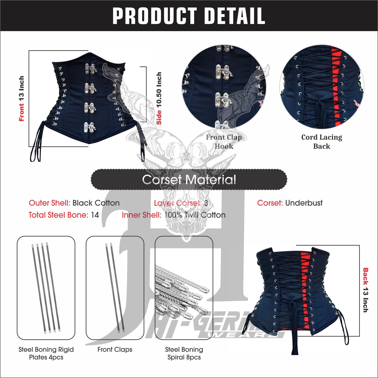 Women’s Underbust Black Cotton Corset Steel Boned Front Clasp Waist Trainer / Unterbrust Korsett Damen