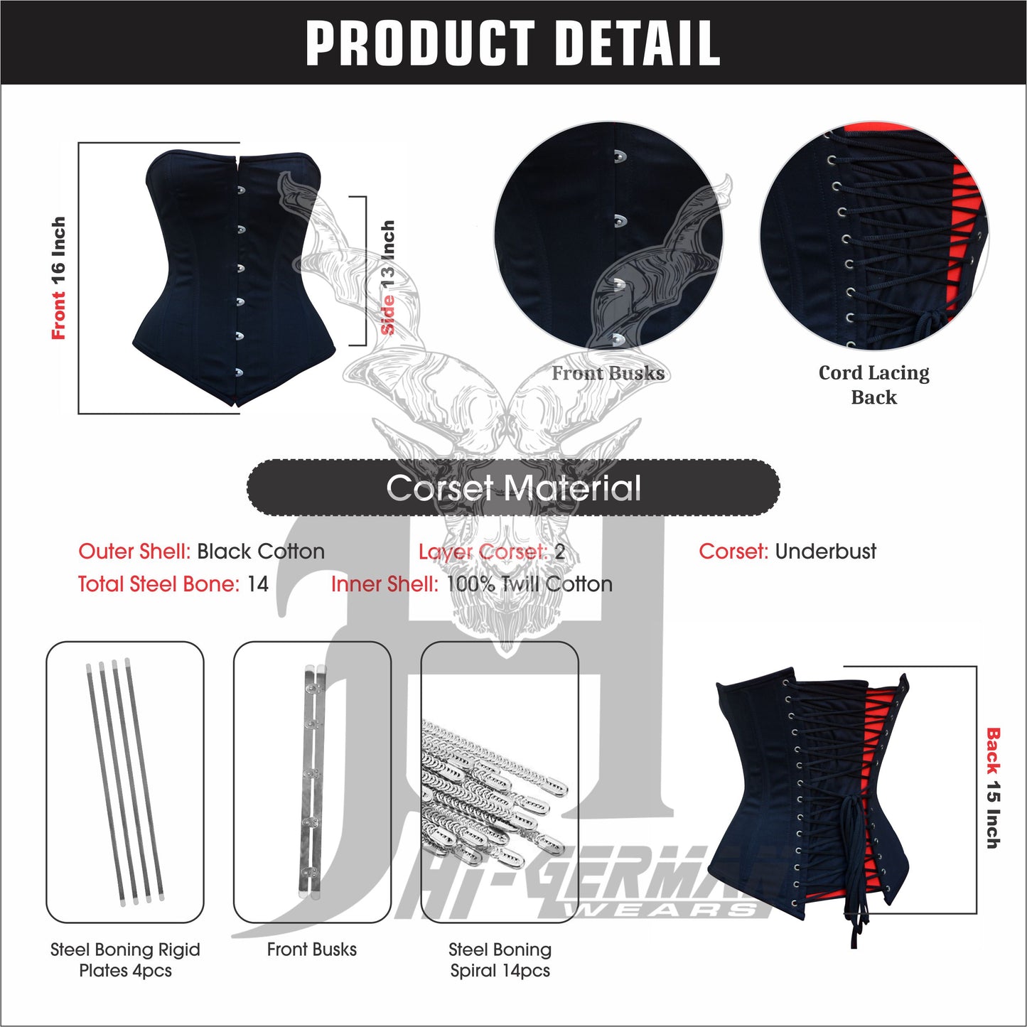 Women’s Overbust Black Cotton Corset Steel Boned Waist Trainer / Überbrust Korsett Damen