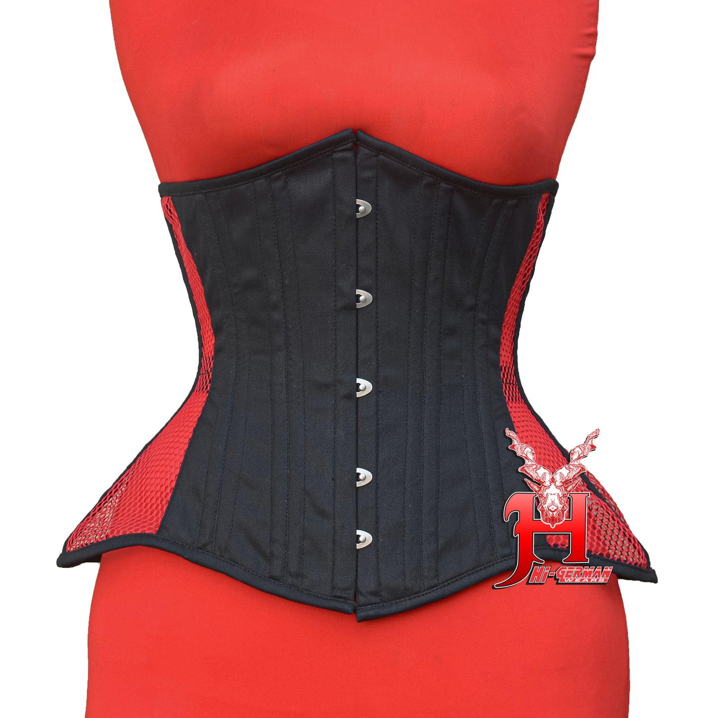 Women’s Underbust Black Cotton Side-Res Mesh Steel Boned Corset Unterbrust Korsett Damen