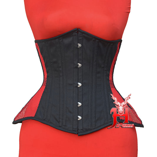 Women’s Underbust Black Cotton Side-Res Mesh Steel Boned Corset Unterbrust Korsett Damen
