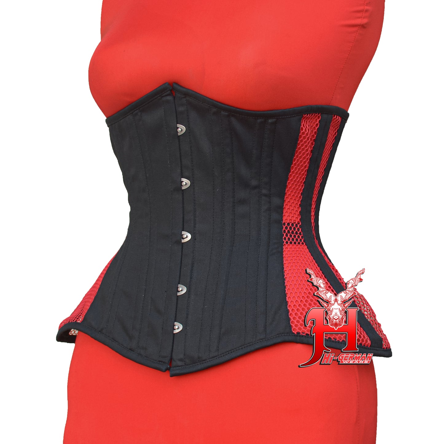 Women’s Underbust Black Cotton Side-Res Mesh Steel Boned Corset Unterbrust Korsett Damen