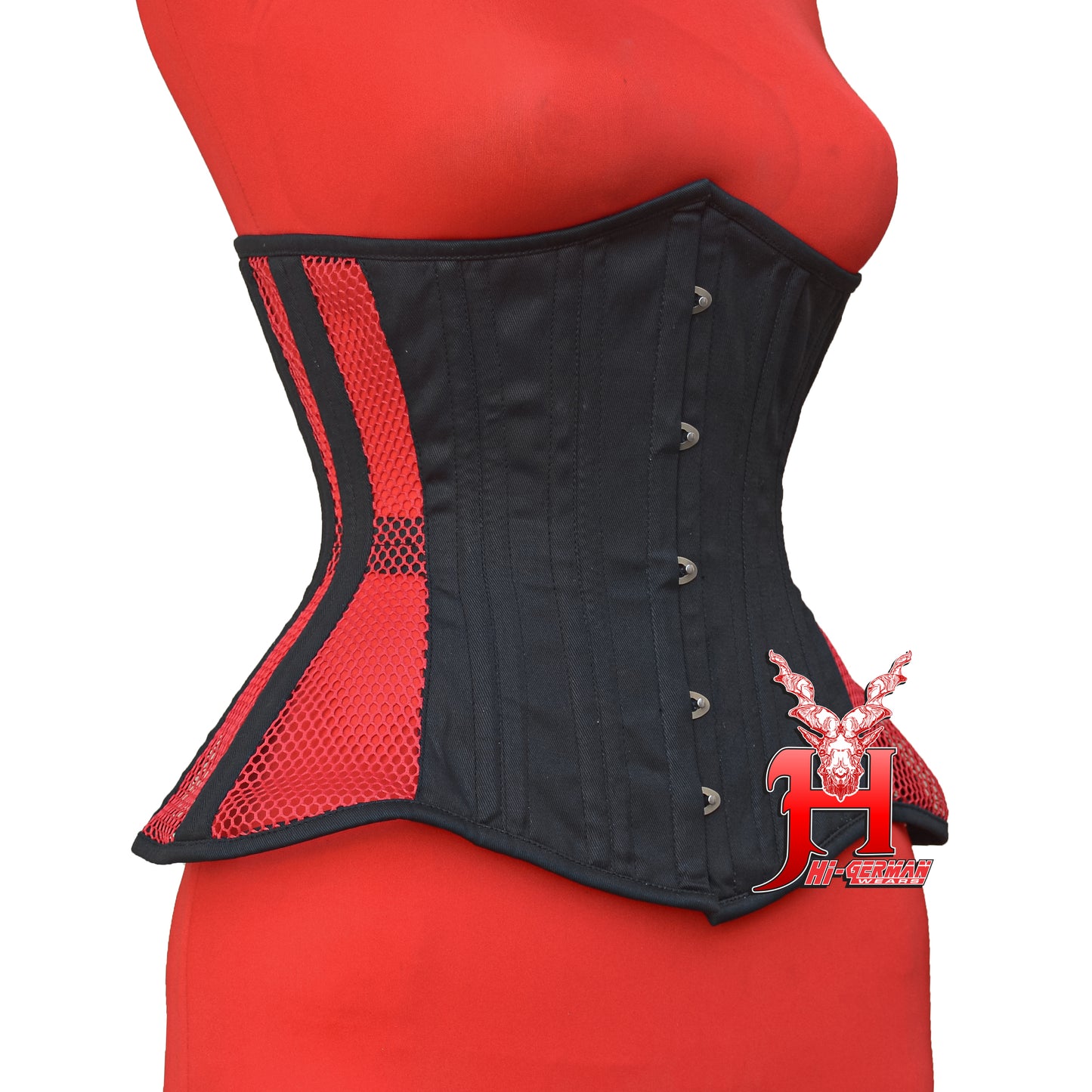 Women’s Underbust Black Cotton Side-Res Mesh Steel Boned Corset Unterbrust Korsett Damen