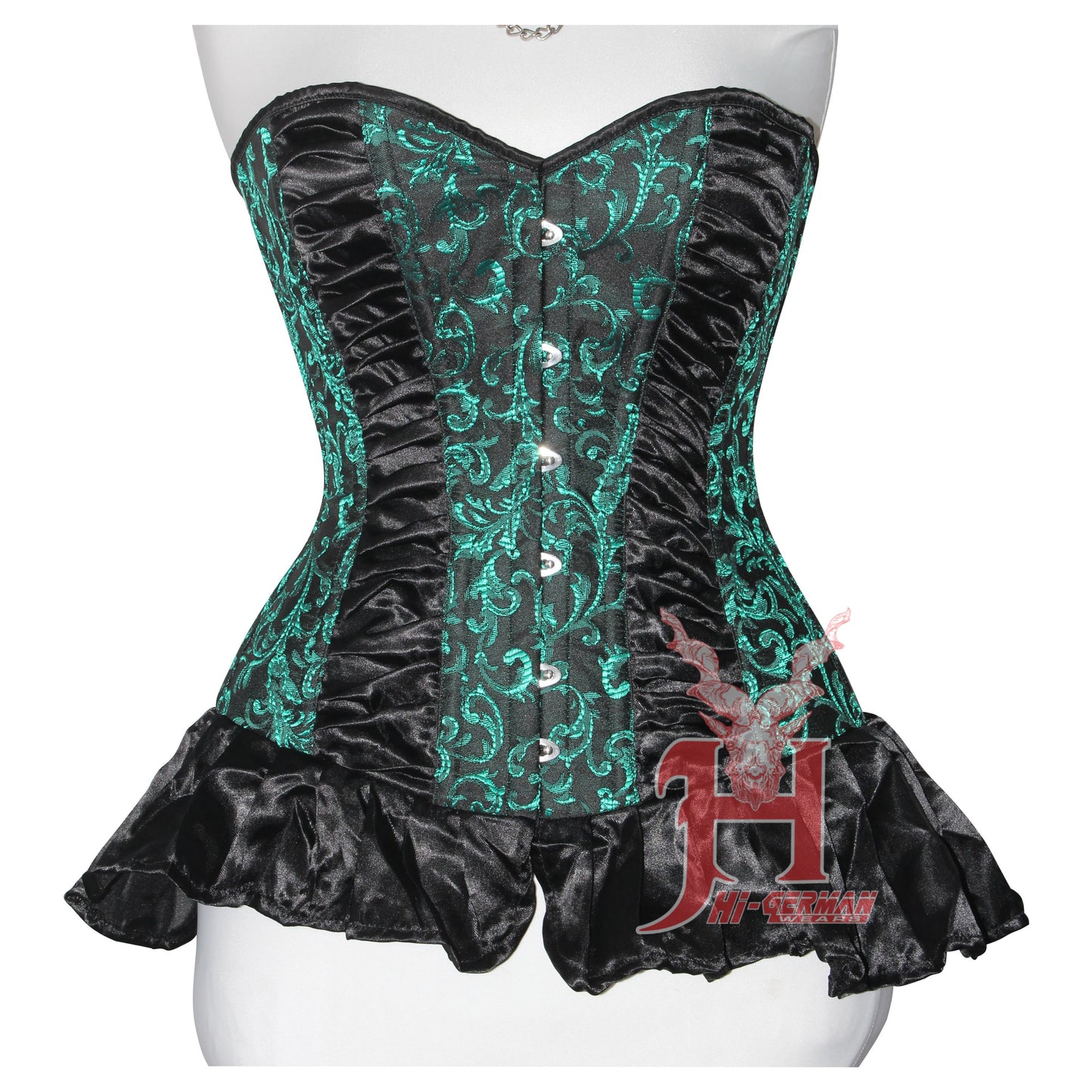 Handmade Women Green Brocade Black Satin Overbust corset Steel Boned Waist Training Brocade Corsets Hi-06 Corset Top