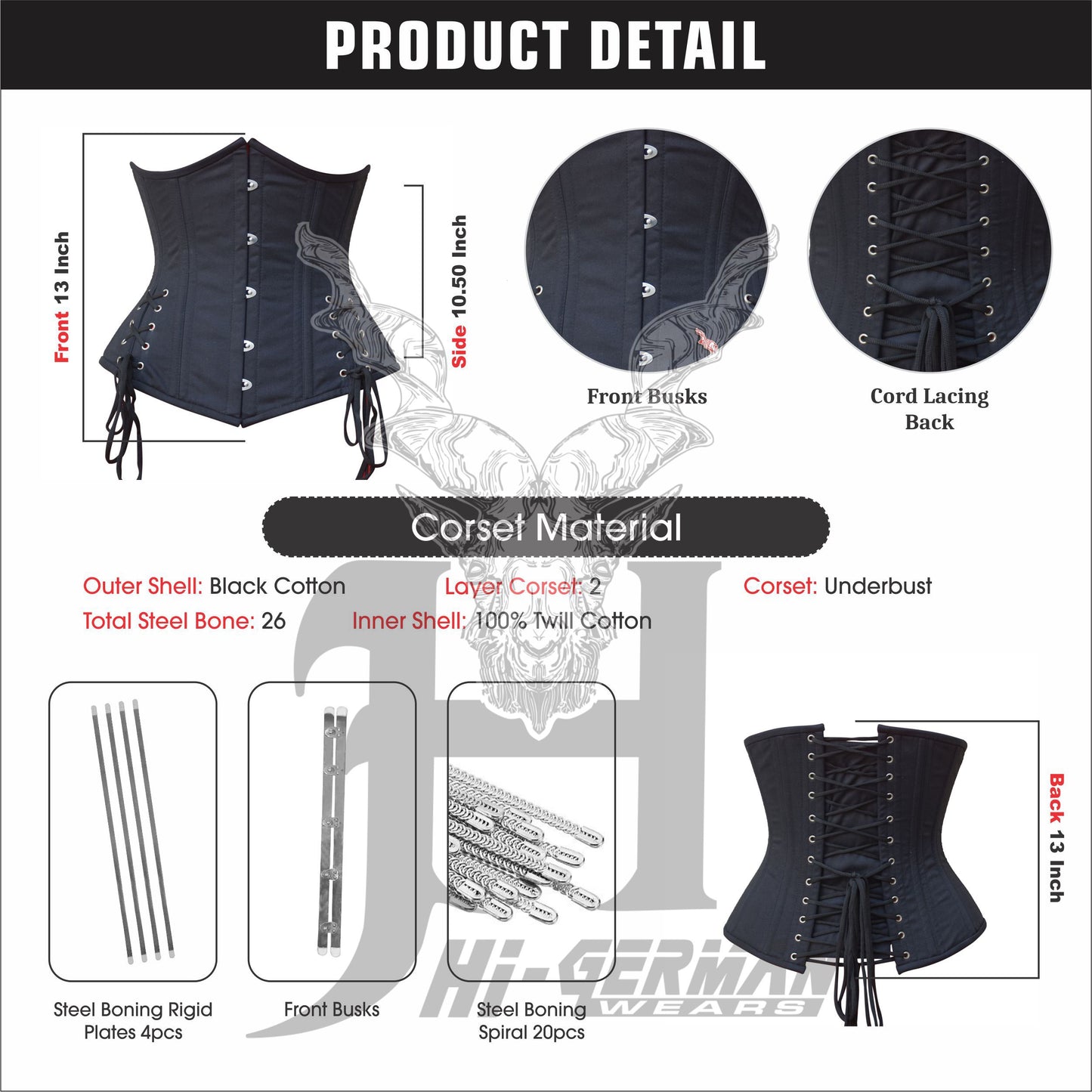 Women’s Gothic Underbust Korsett – Black Cotton Double Steel Boned mit Side Laces
