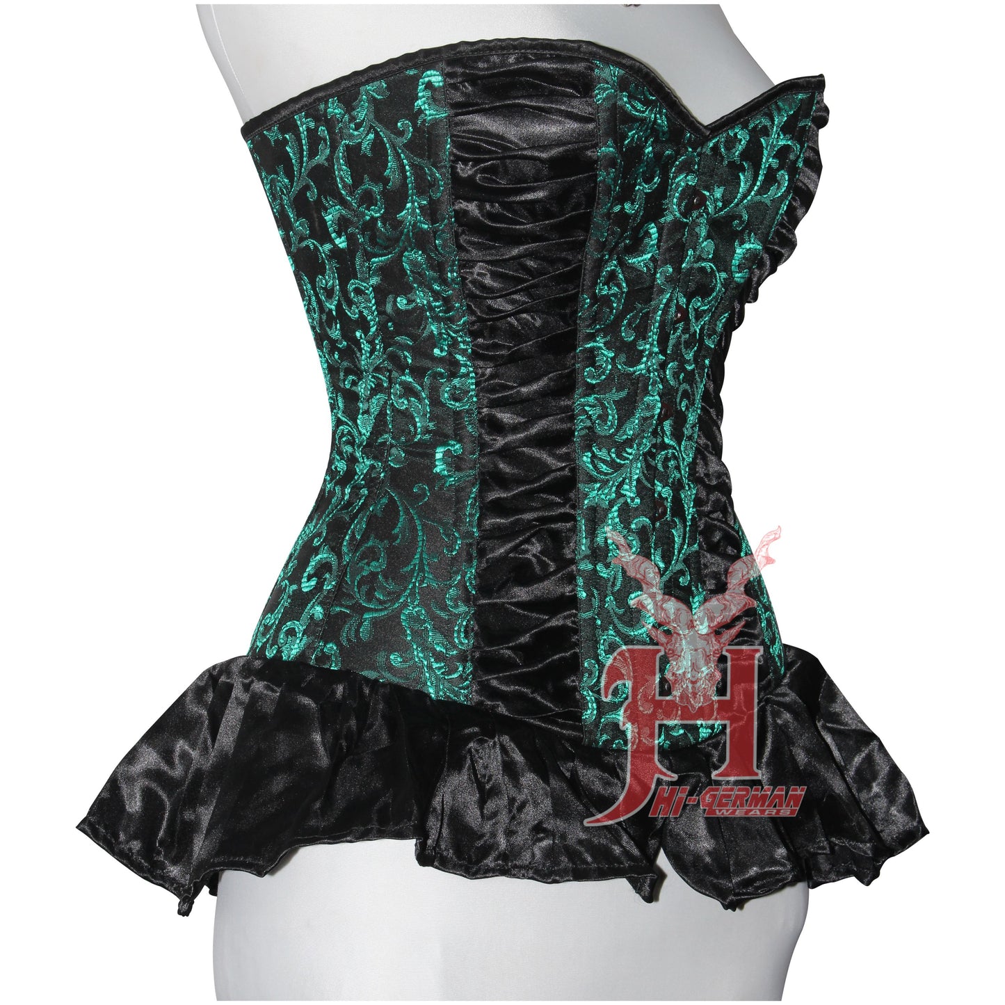 Handmade Women Green Brocade Black Satin Overbust corset Steel Boned Waist Training Brocade Corsets Hi-06 Corset Top