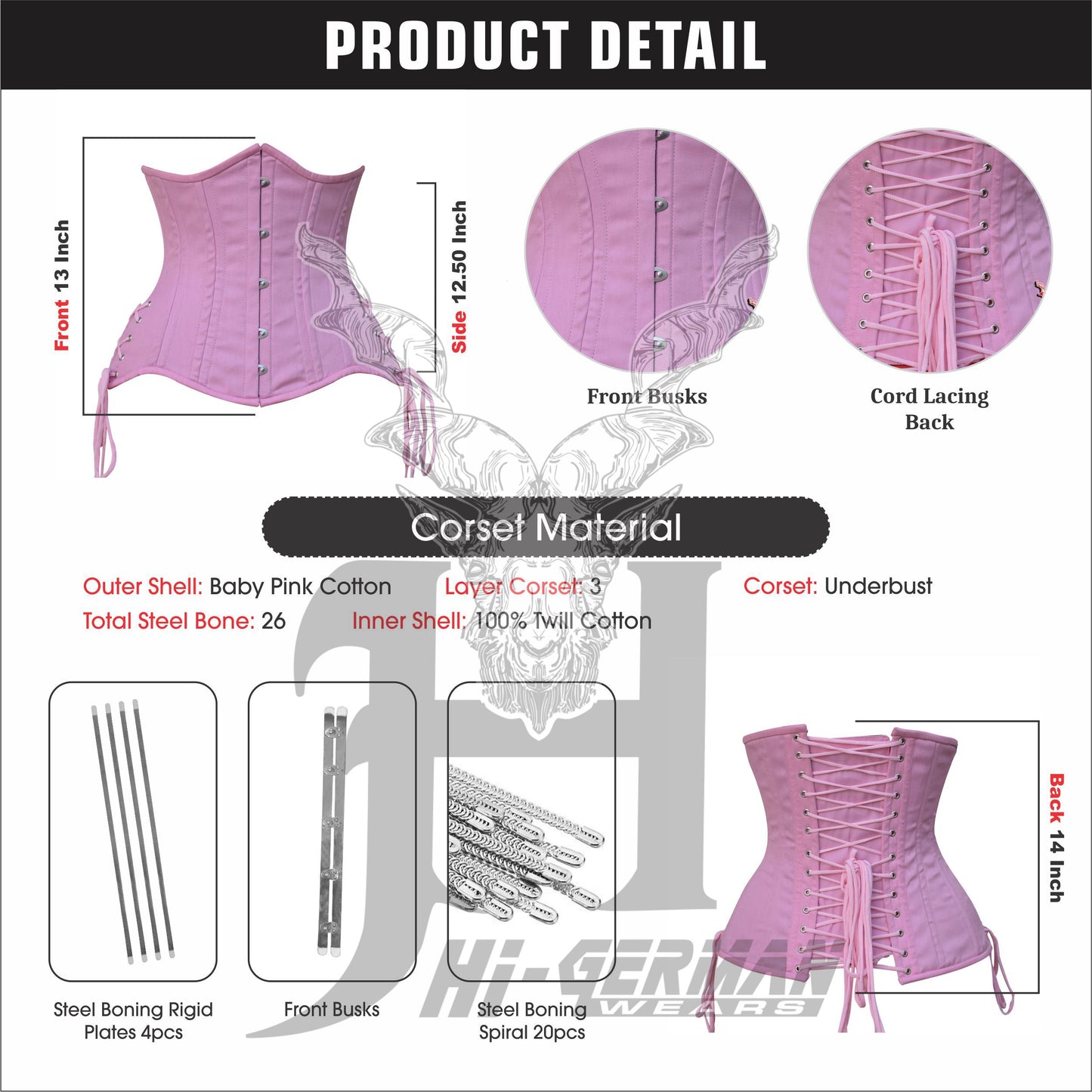 Women’s Underbust Baby Pink Cotton Corset Double Steel Boned Waist Trainer / Unterbrust Korsett Damen