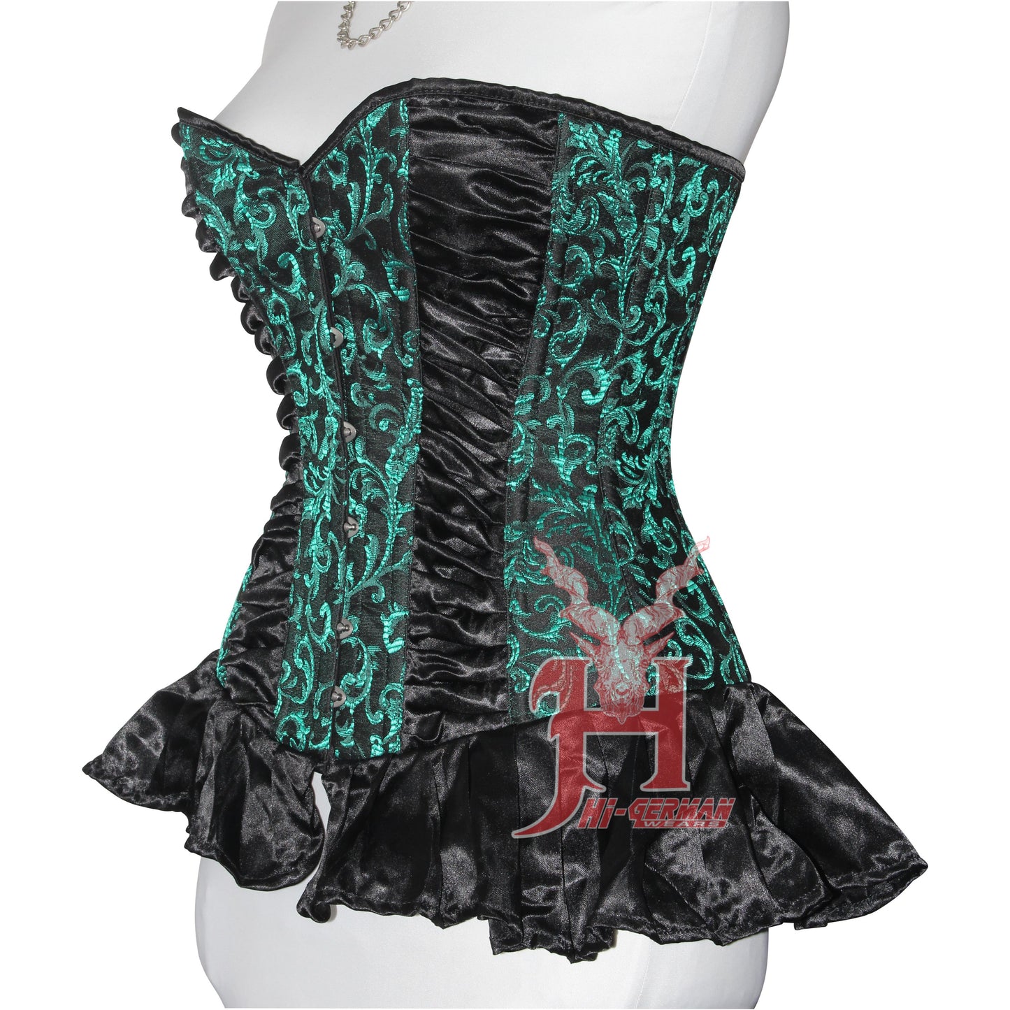 Handmade Women Green Brocade Black Satin Overbust corset Steel Boned Waist Training Brocade Corsets Hi-06 Corset Top