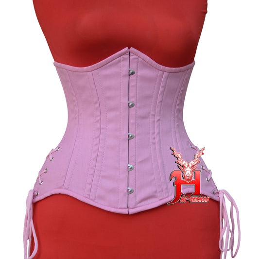 Women’s Underbust Baby Pink Cotton Corset Double Steel Boned Waist Trainer / Unterbrust Korsett Damen