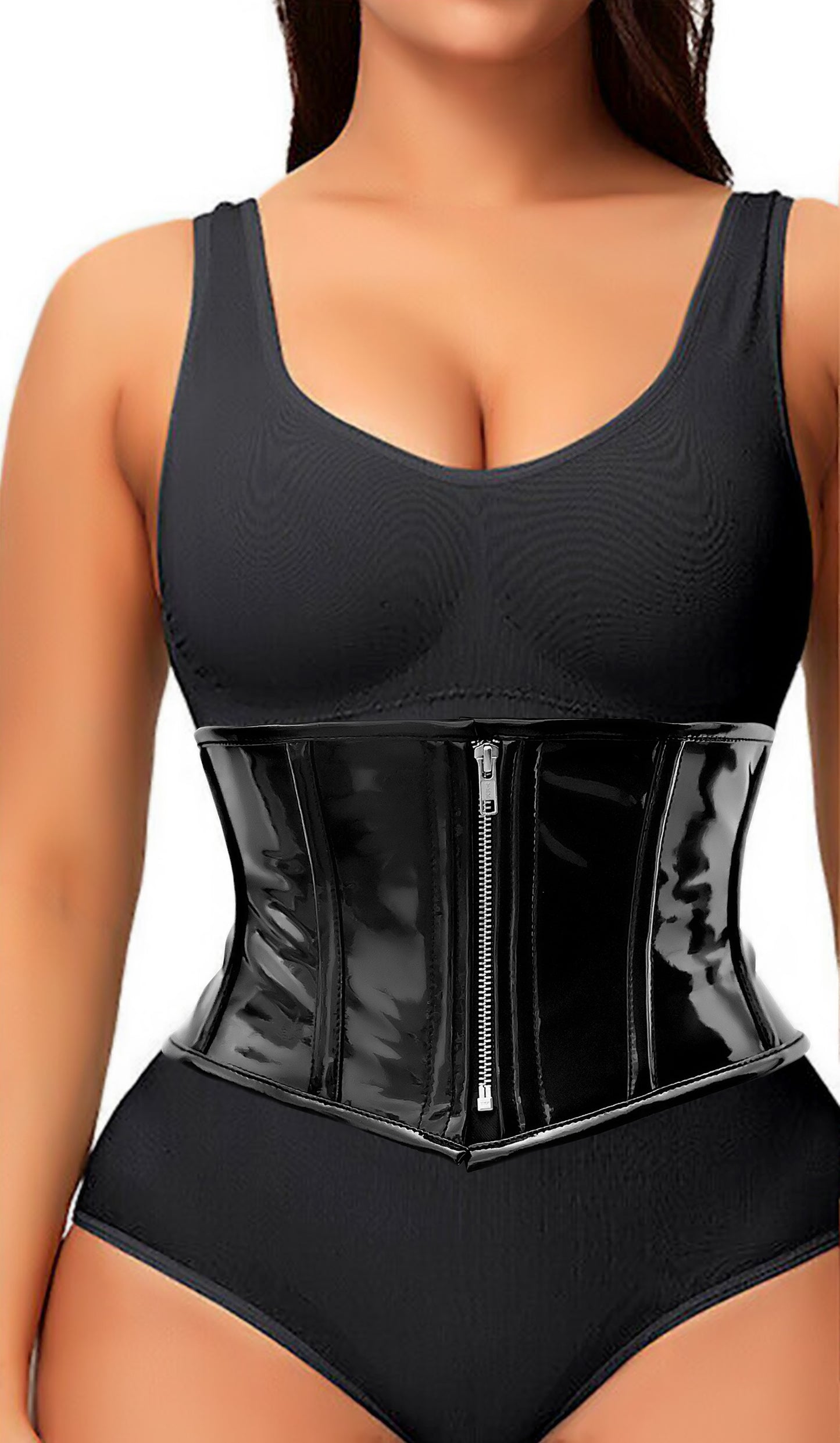 Womens Underbust Black PVC Steel Boned Body Waist Shaper with Strong Zip Closuer taillenkorsett