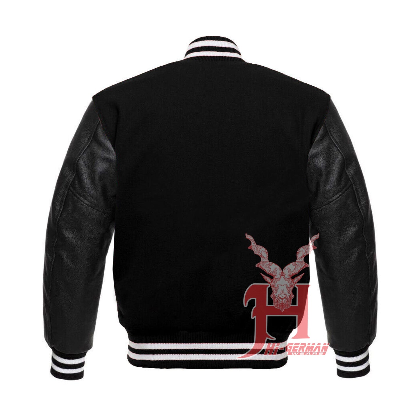 Varsity Letterman Baseball in Black Wool and Genuine Black Leather Sleeves Jacket Varsity Men's Women's Kid's Letterman jackets Hi-201