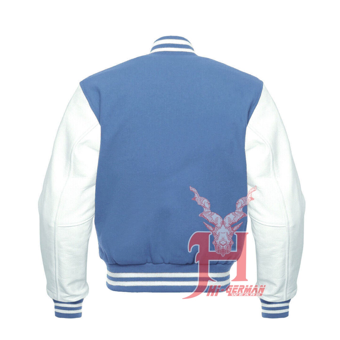 Varsity Letterman Baseball Sky Blue Wool Genuine White Leather Sleeves Jacket Varsity Men's Women's Kid's Letterman collage jackets Hi-213