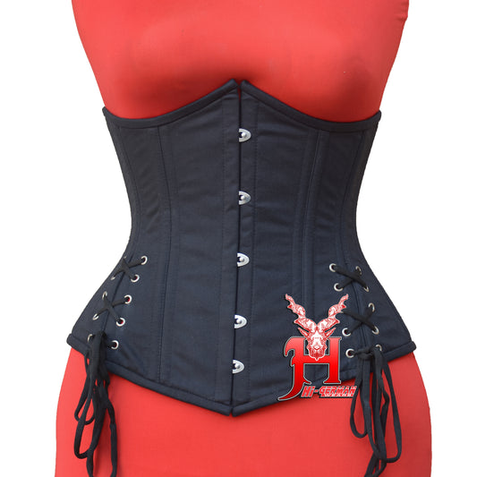 Women’s Gothic Underbust Korsett – Black Cotton Double Steel Boned mit Side Laces