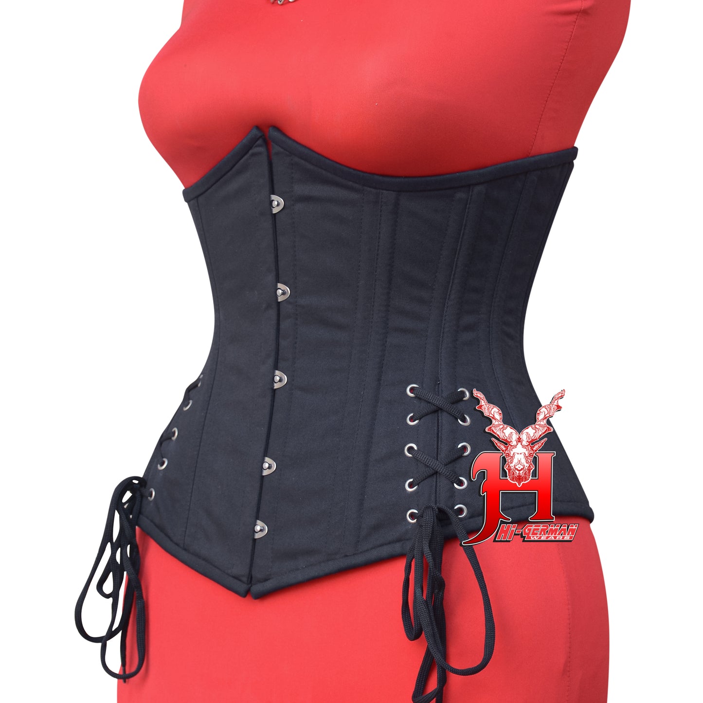 Women’s Gothic Underbust Korsett – Black Cotton Double Steel Boned mit Side Laces